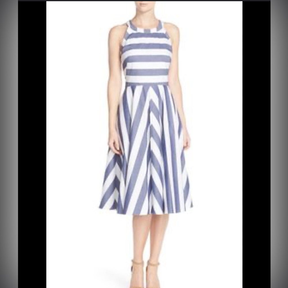 Eliza J Chambey striped dress, below knee circle skirt, sleeveless, blue white 6